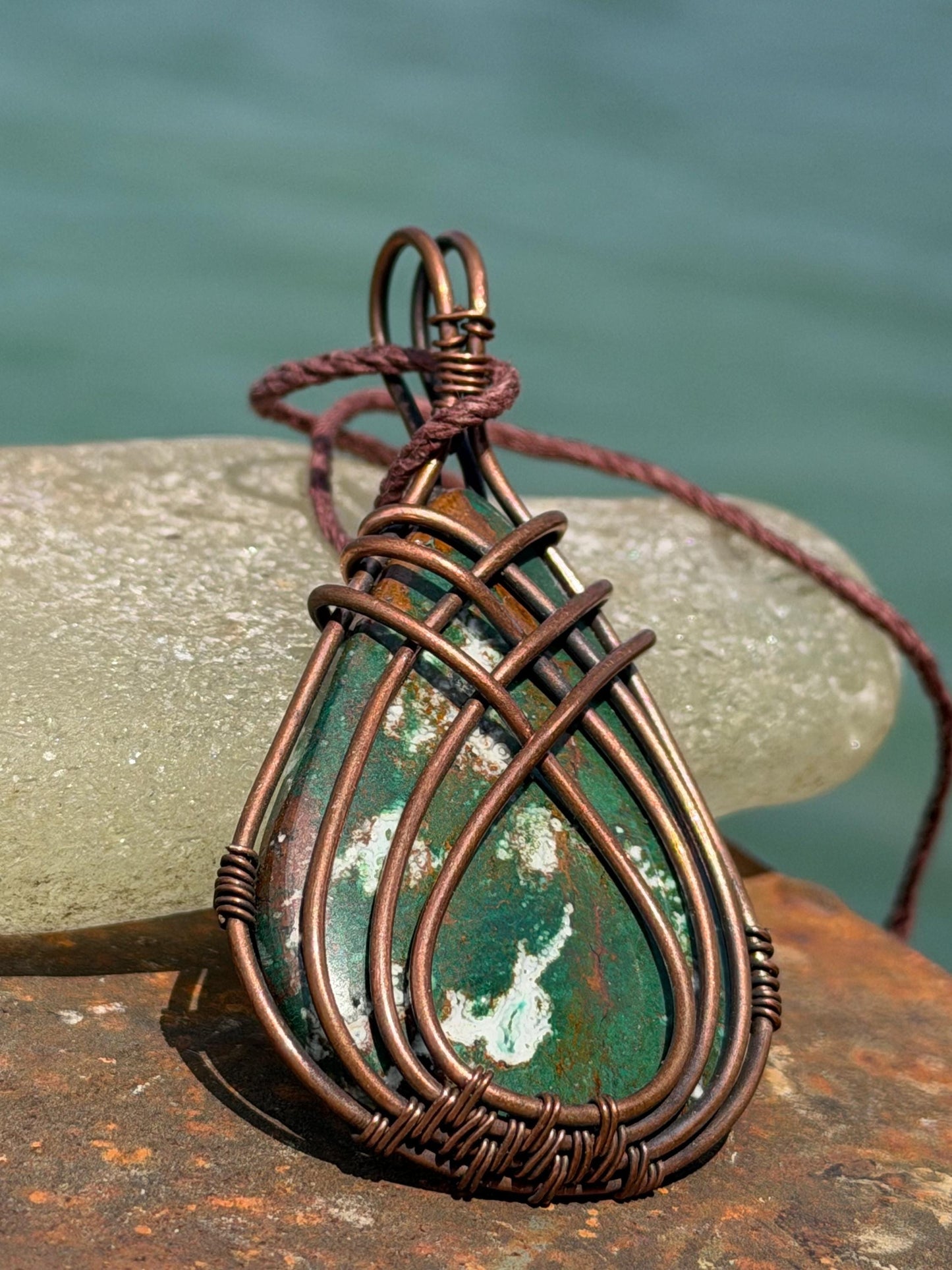 Eco friendly handmade necklace made from ethical Jasper & naturally weathered recycled copper. Ethical jewellery. Unique handmade jewellery.