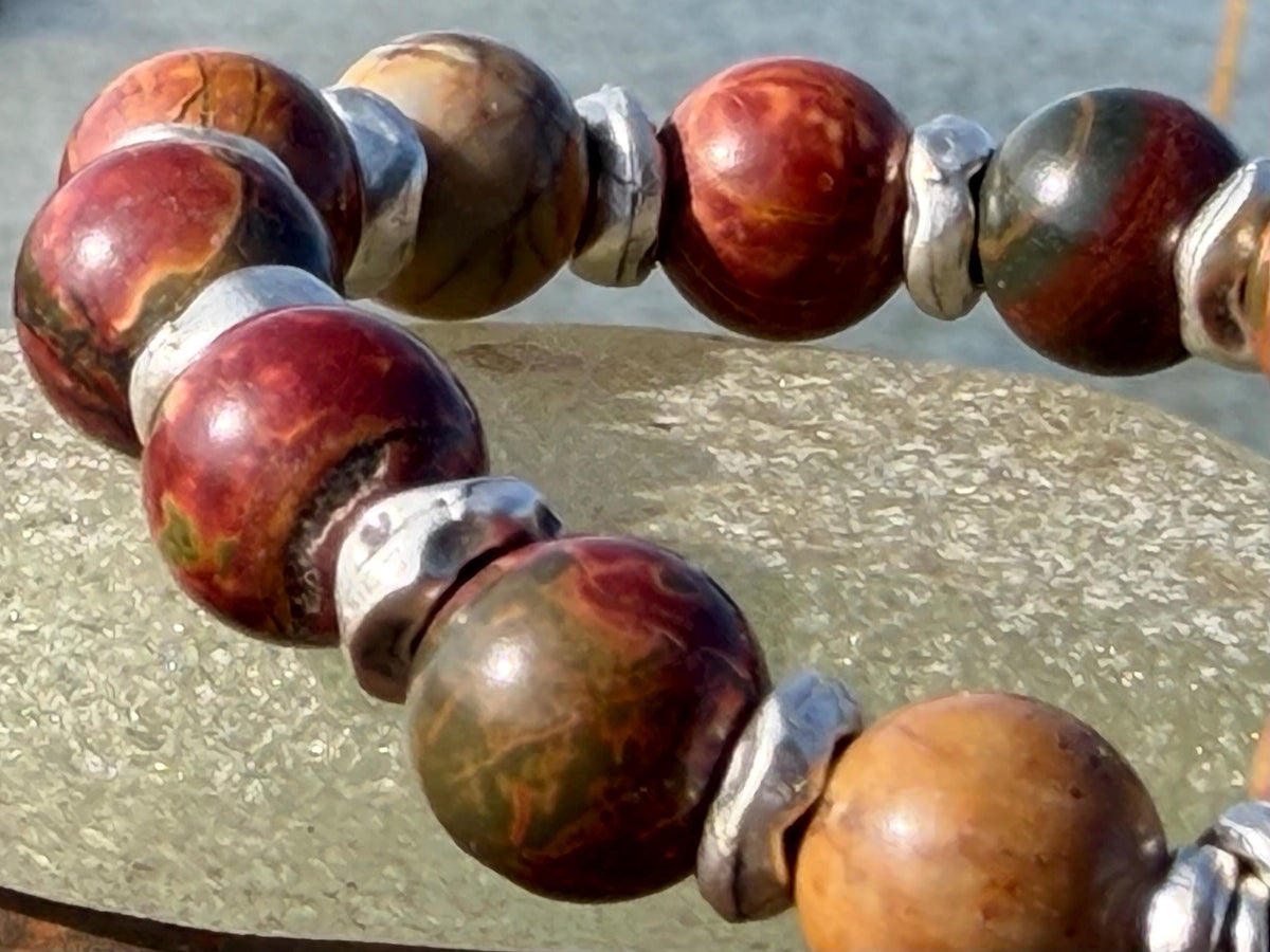 Picasso jasper gemstone bracelet. Rusty reds, oranges and greens. Ethical jewellery, handmade unique jewellery. Earrhy orange bracelet.