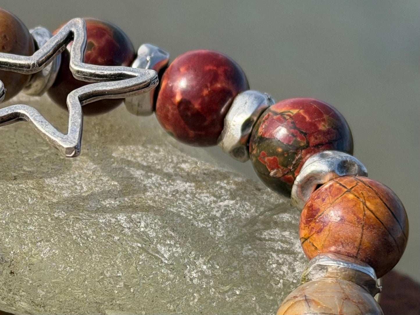 Picasso jasper gemstone bracelet. Rusty reds, oranges and greens. Ethical jewellery, handmade unique jewellery. Earrhy orange bracelet.