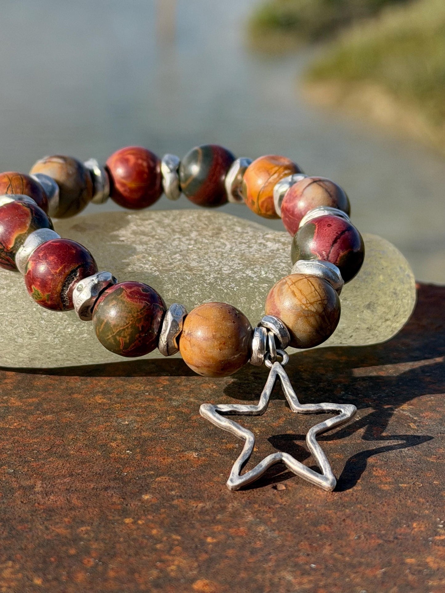 Picasso jasper gemstone bracelet. Rusty reds, oranges and greens. Ethical jewellery, handmade unique jewellery. Earrhy orange bracelet.
