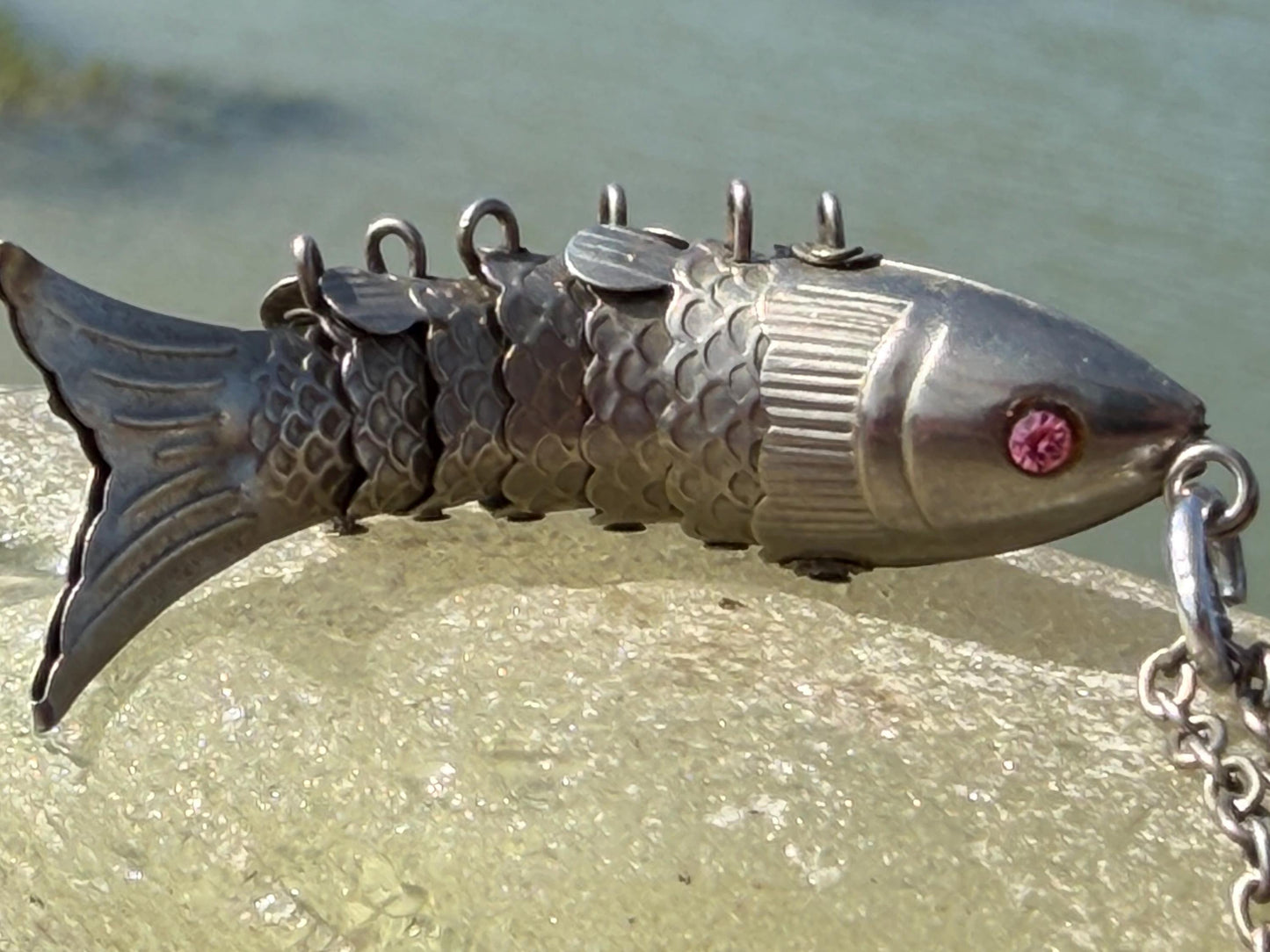 Articulated fish necklace. Vintage necklace, boho necklace, ethical jewellery, eco friendly necklace, gift for her, fish pendant for him