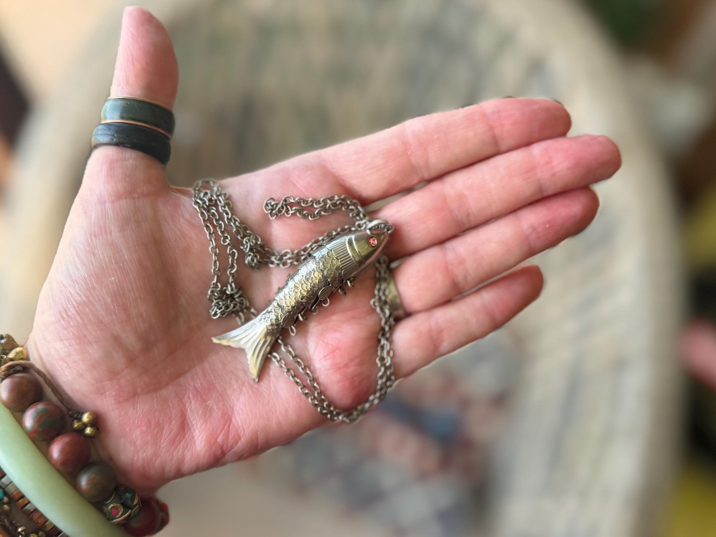 Articulated fish necklace. Vintage necklace, boho necklace, ethical jewellery, eco friendly necklace, gift for her, fish pendant for him