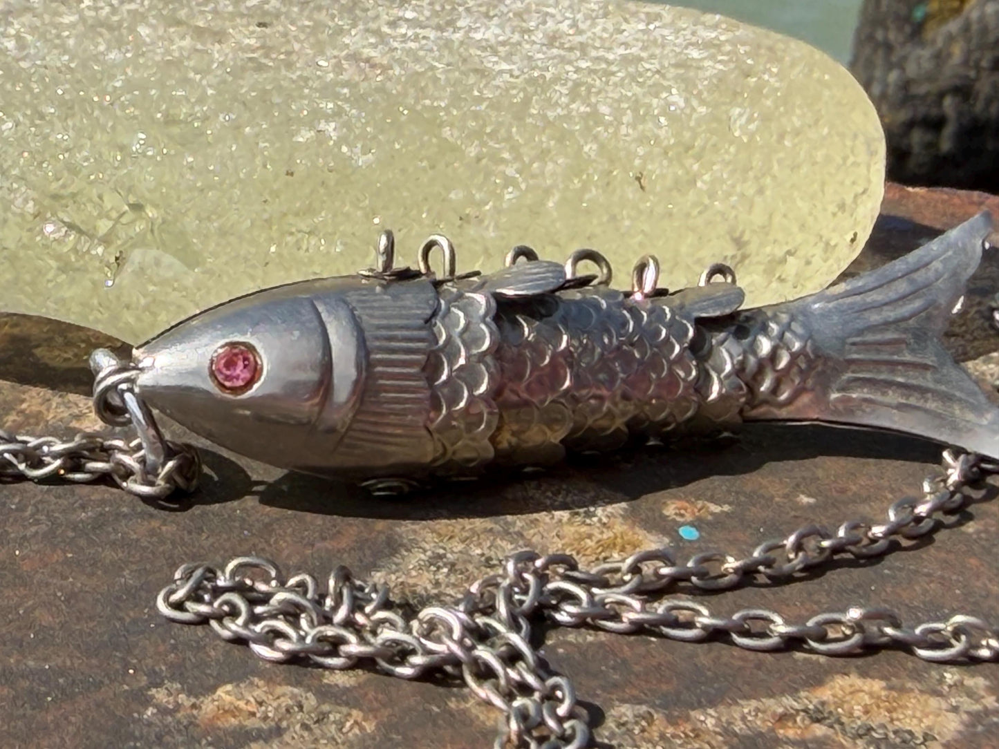 Articulated fish necklace. Vintage necklace, boho necklace, ethical jewellery, eco friendly necklace, gift for her, fish pendant for him