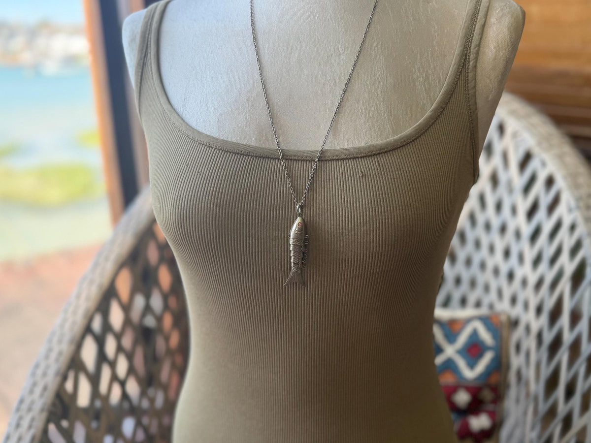 Articulated fish necklace. Vintage necklace, boho necklace, ethical jewellery, eco friendly necklace, gift for her, fish pendant for him
