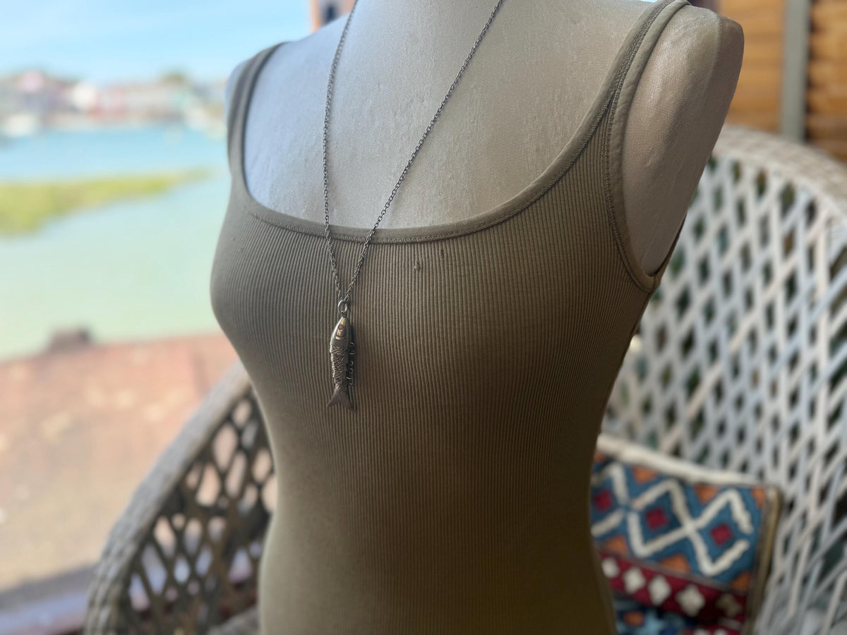 Articulated fish necklace. Vintage necklace, boho necklace, ethical jewellery, eco friendly necklace, gift for her, fish pendant for him