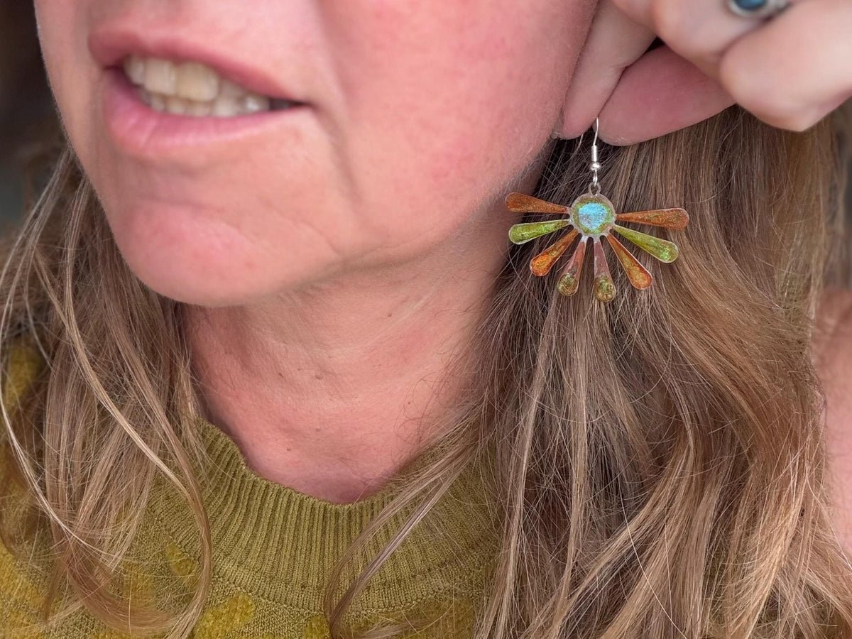 Handmade leaf earrings. Rustic earrings, unusual earrings, unusual gift for her, red earrings, boho earrings, patina jewellery, hippy gift