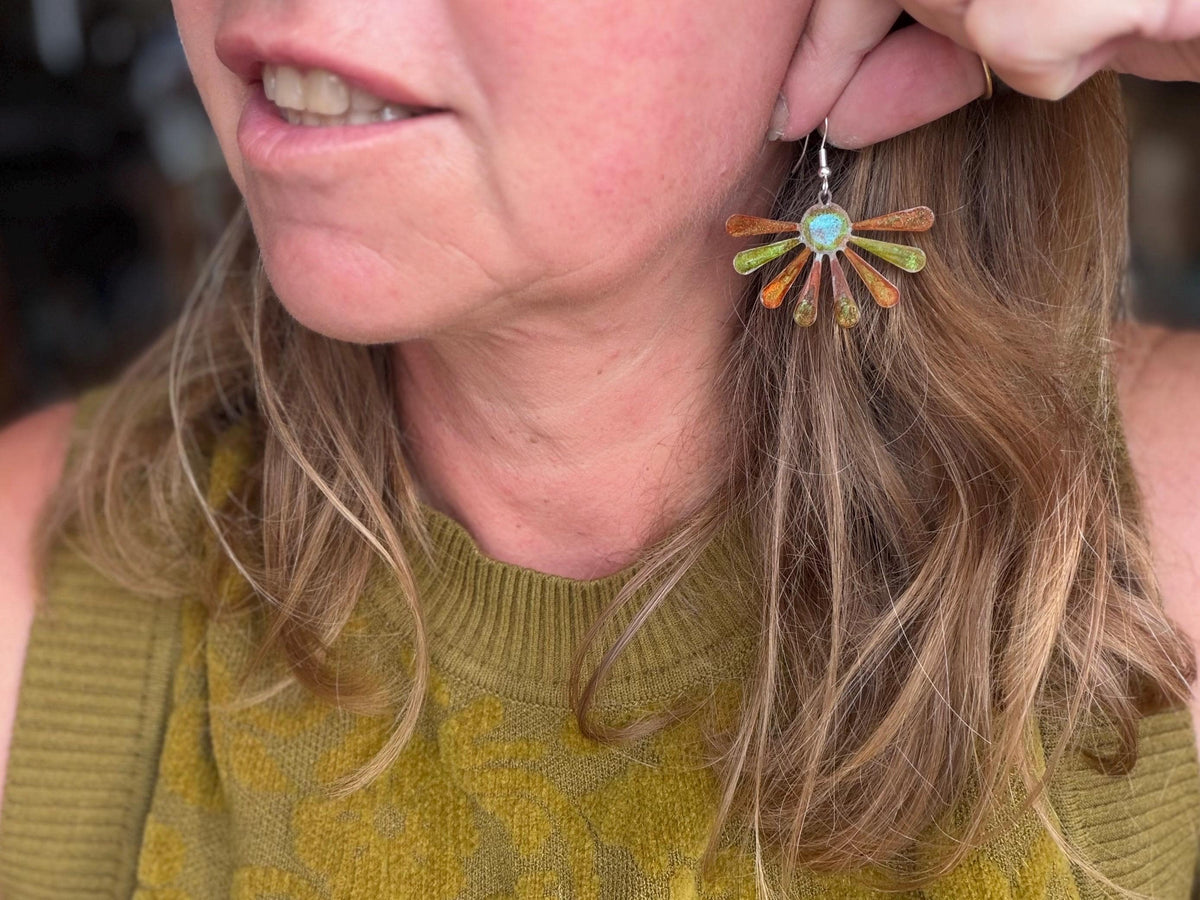 Handmade leaf earrings. Rustic earrings, unusual earrings, unusual gift for her, red earrings, boho earrings, patina jewellery, hippy gift