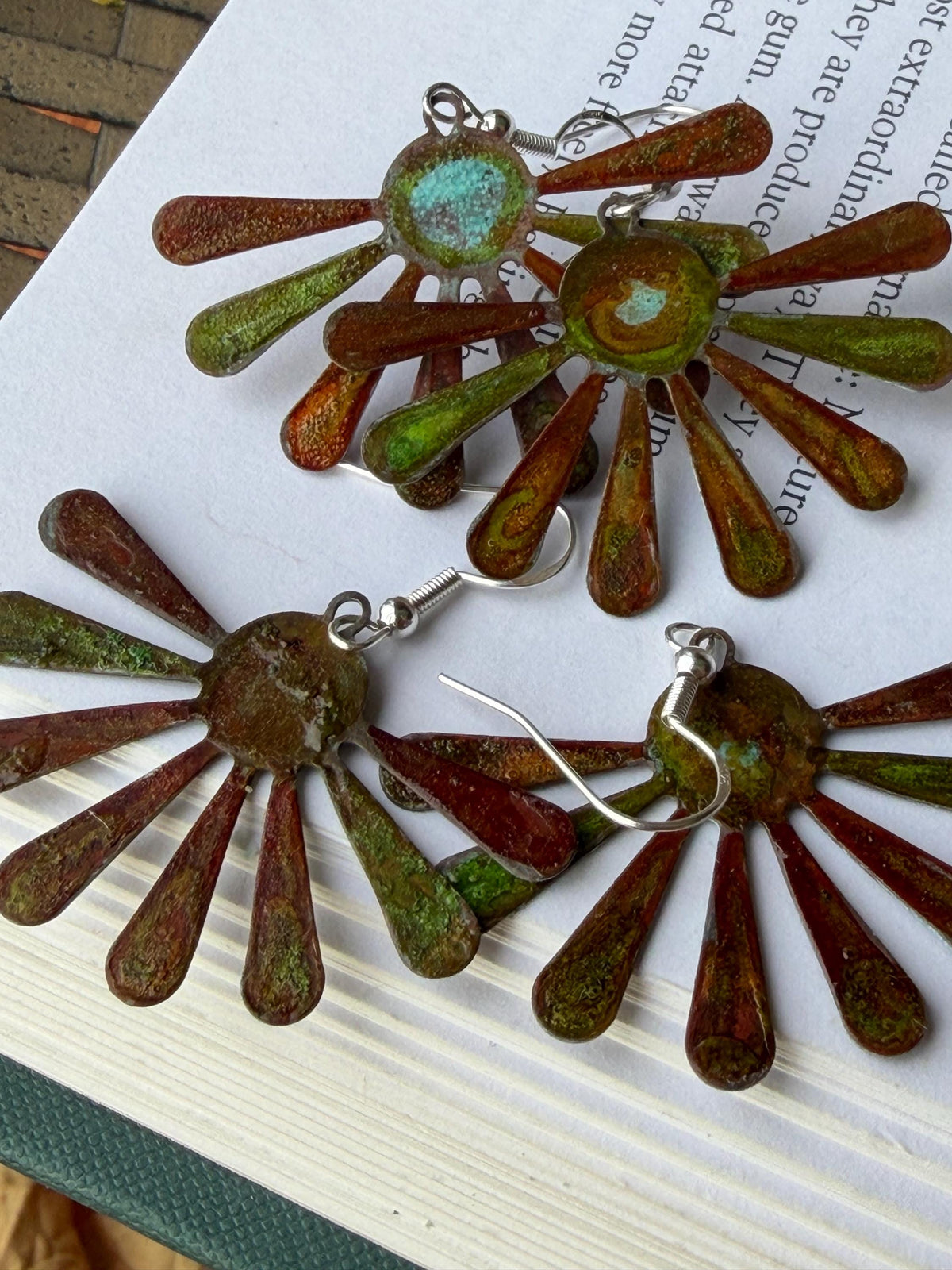Handmade leaf earrings. Rustic earrings, unusual earrings, unusual gift for her, red earrings, boho earrings, patina jewellery, hippy gift