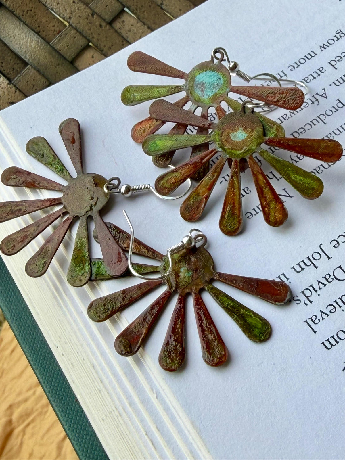 Handmade leaf earrings. Rustic earrings, unusual earrings, unusual gift for her, red earrings, boho earrings, patina jewellery, hippy gift