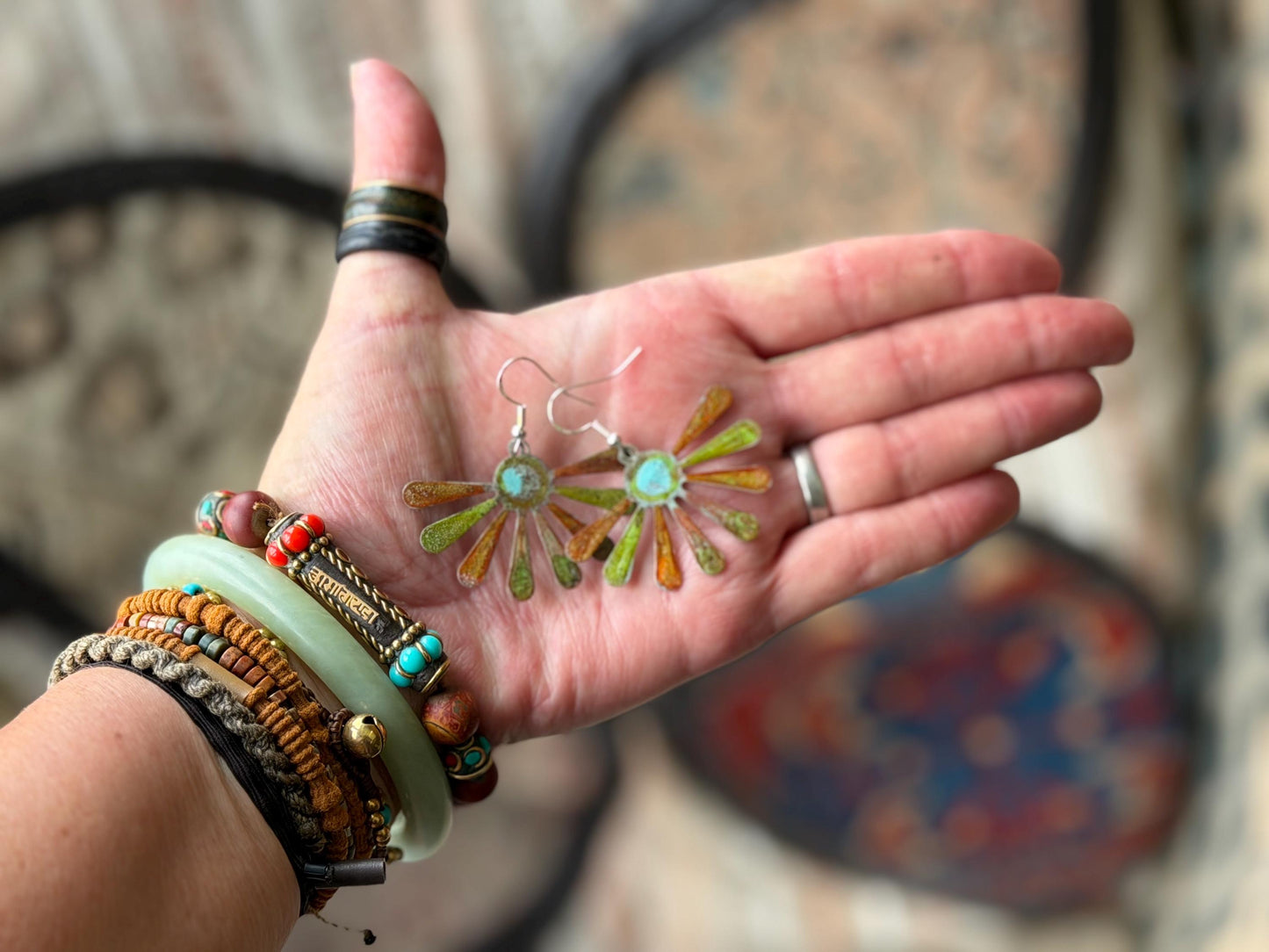 Handmade leaf earrings. Rustic earrings, unusual earrings, unusual gift for her, red earrings, boho earrings, patina jewellery, hippy gift