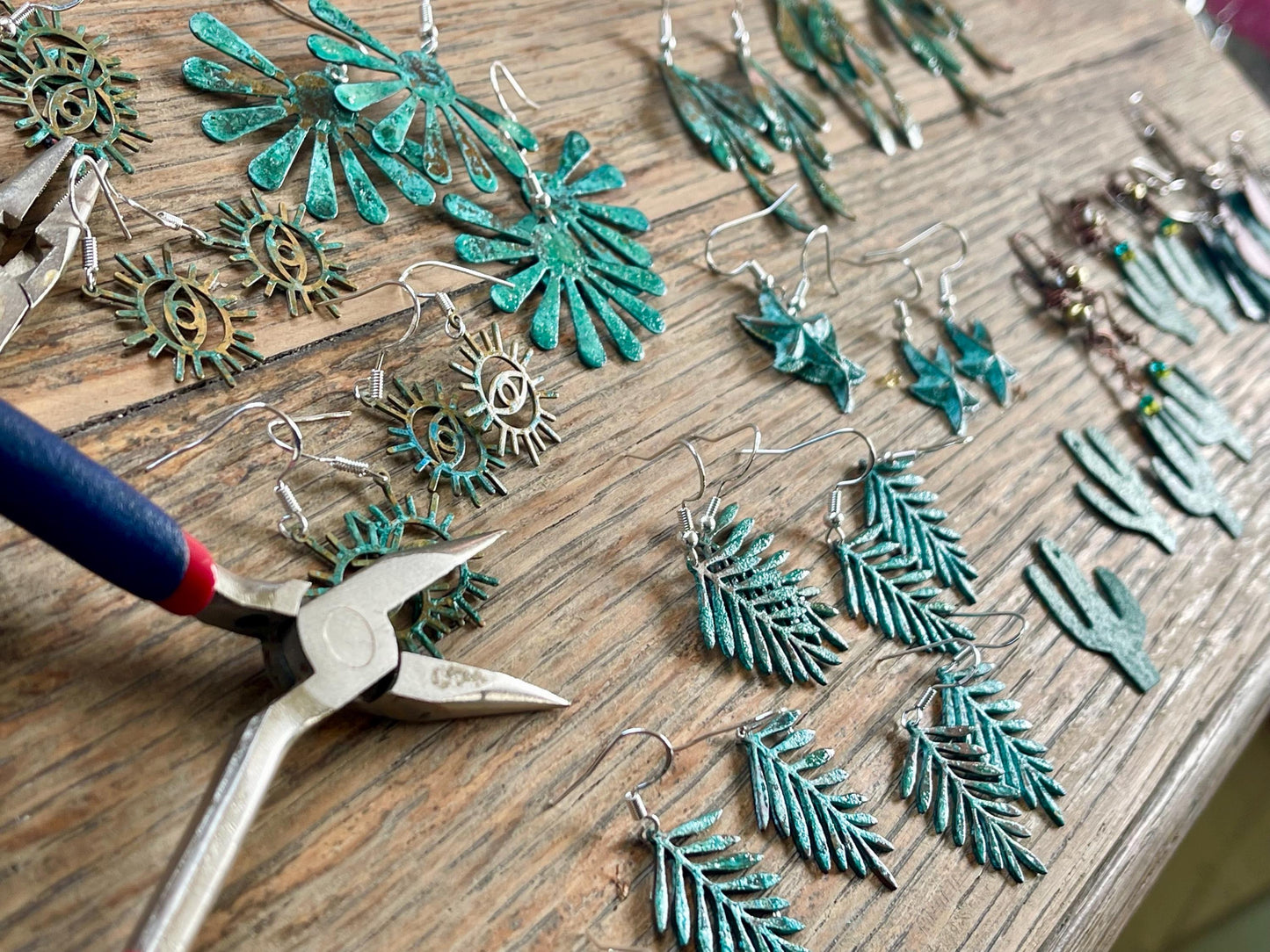Handmade leaf earrings. Rustic earrings, unusual earrings, unusual gift for her, red earrings, boho earrings, patina jewellery, hippy gift