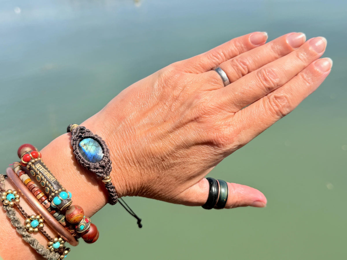 Stunning macrame wrapped peacock labradorite bracelet, ethical jewellery, unusual jewellery, macrame jewellery.  gemstone macrame bracelet.