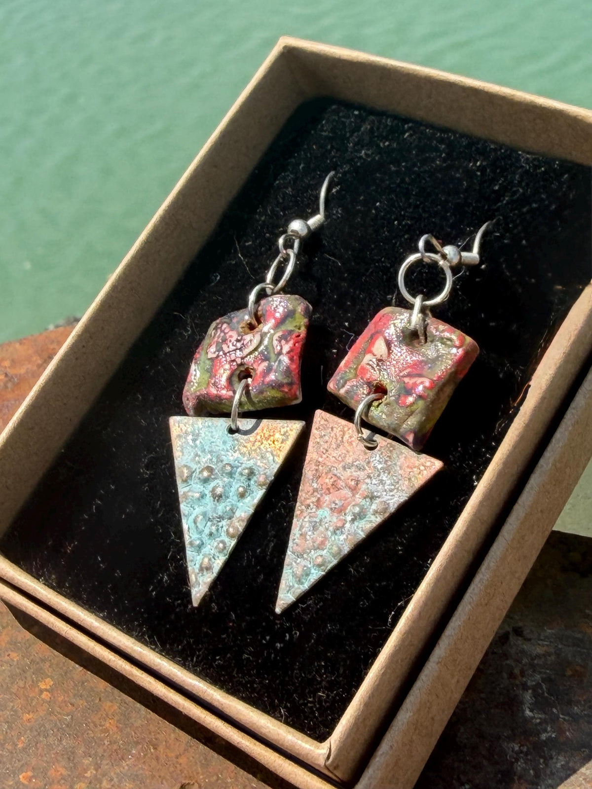 Handmade earrings using Sussex clay. Unique jewellery, ceramic earrings, boho jewellery, boho earrings, unique earrings, unique gift for her