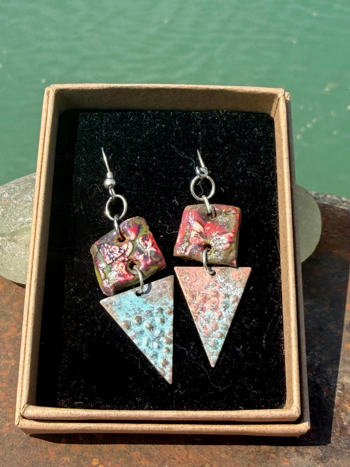 Handmade earrings using Sussex clay. Unique jewellery, ceramic earrings, boho jewellery, boho earrings, unique earrings, unique gift for her