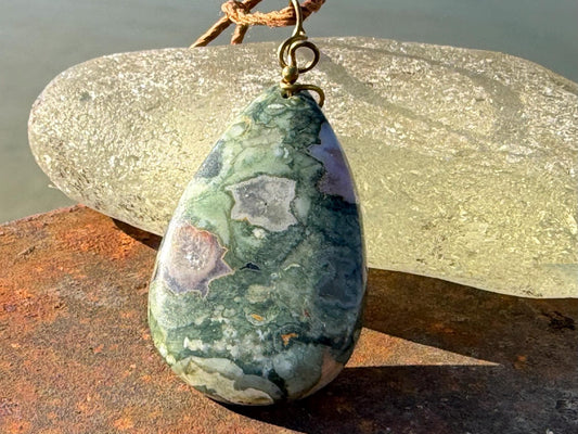 Stunning rhyolite necklace, ethical jewellery, bohemian necklace, unusual jewellery, unique gemstone pendant, green gemstone necklace