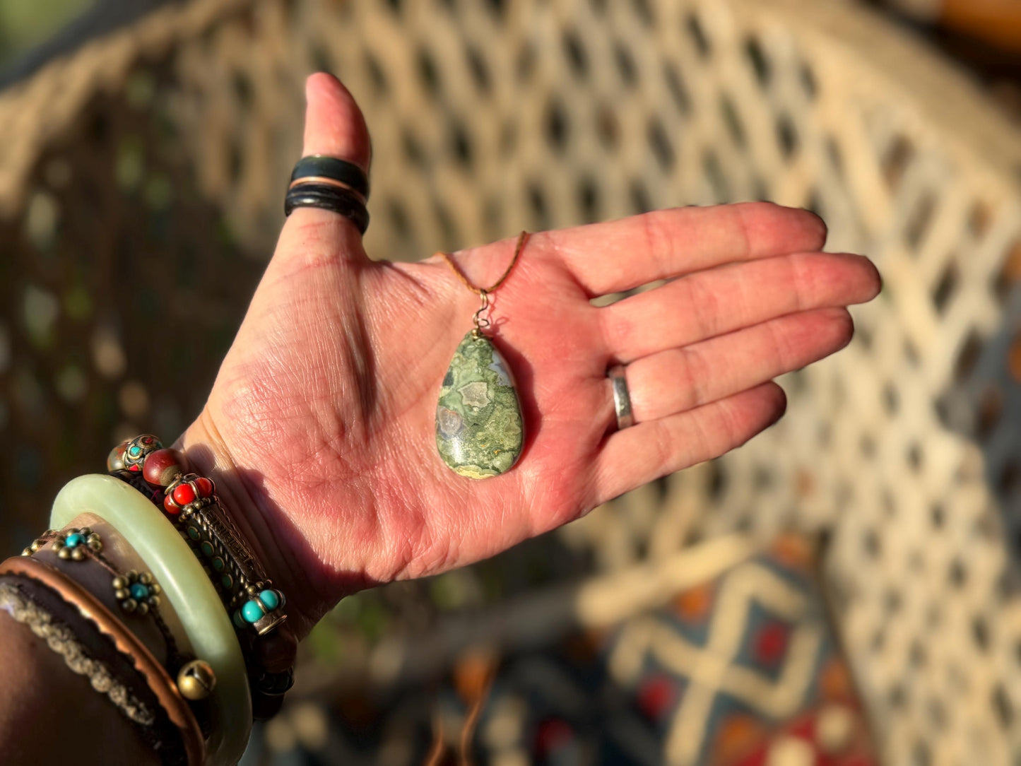 Stunning rhyolite necklace, ethical jewellery, bohemian necklace, unusual jewellery, unique gemstone pendant, green gemstone necklace
