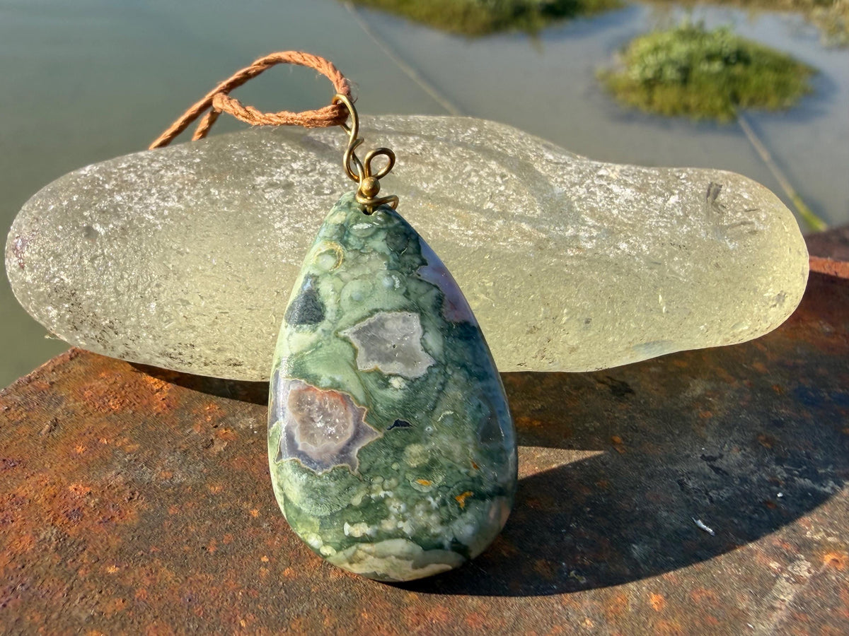 Stunning rhyolite necklace, ethical jewellery, bohemian necklace, unusual jewellery, unique gemstone pendant, green gemstone necklace
