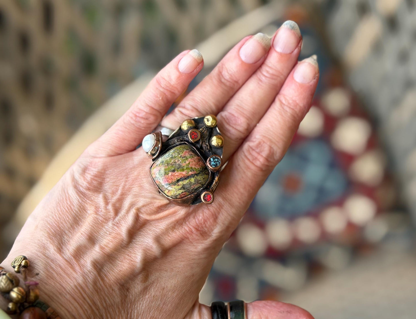 Unusual jasper ring. Very large gemstone ring on a brass base. Statement jewellery. Green ring. Unique jewellery. Handcrafted.