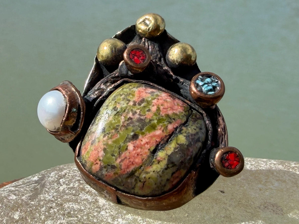 Unusual jasper ring. Very large gemstone ring on a brass base. Statement jewellery. Green ring. Unique jewellery. Handcrafted.