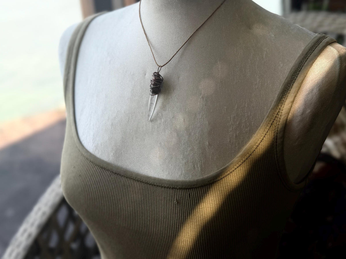 Eco friendly handmade necklace made from ethical quartz & naturally weathered recycled copper. Ethical jewellery. Unique handmade jewellery.