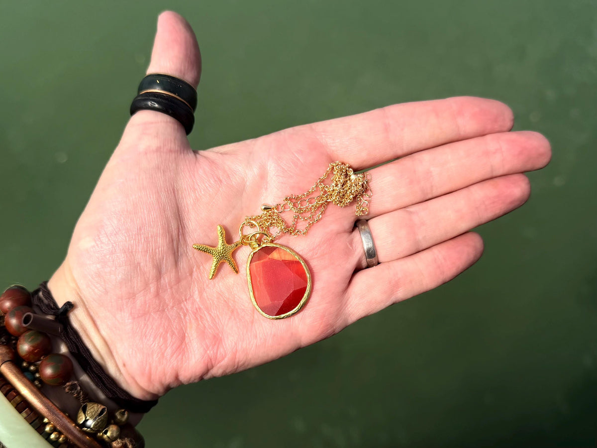 Stunning orange necklace on a recycled adjustable chain. Unusual and beautiful jewellery. Ethical, sustainable and eco friendly. Upcycled.