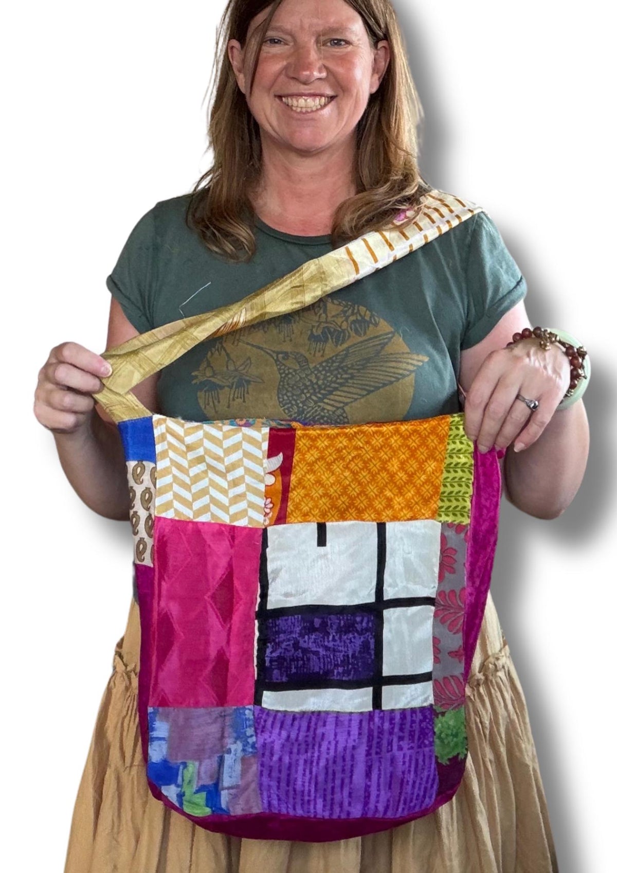 Large recycled sari bag with safety tie.  Ethical draw string bags. Bright colourful eco friendly bag. Recycled shopping bag. Eco gifts.
