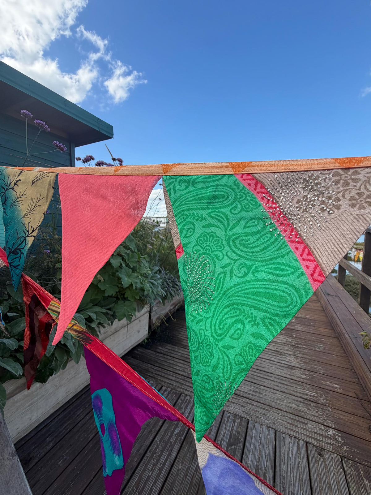 LONG MULTI-COLOURED bunting. Party decs, wedding bunting, recycled sari bunting.  Double length silk sari bunting. Eco friendly and handmade
