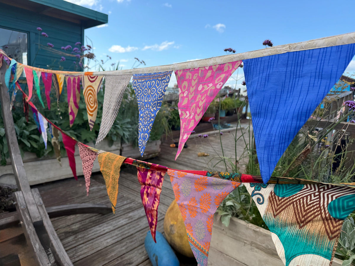 LONG MULTI-COLOURED bunting. Party decs, wedding bunting, recycled sari bunting.  Double length silk sari bunting. Eco friendly and handmade