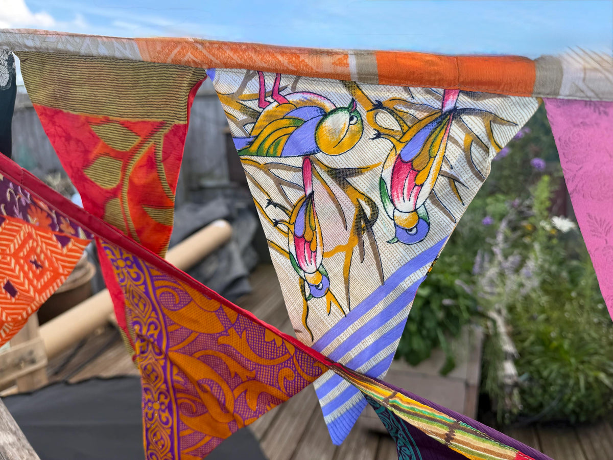 LONG MULTI-COLOURED bunting. Party decs, wedding bunting, recycled sari bunting.  Double length silk sari bunting. Eco friendly and handmade