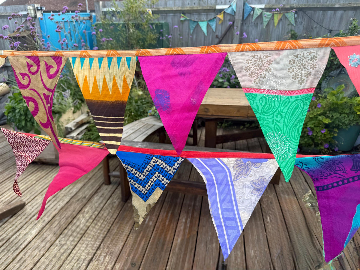 LONG MULTI-COLOURED bunting. Party decs, wedding bunting, recycled sari bunting.  Double length silk sari bunting. Eco friendly and handmade