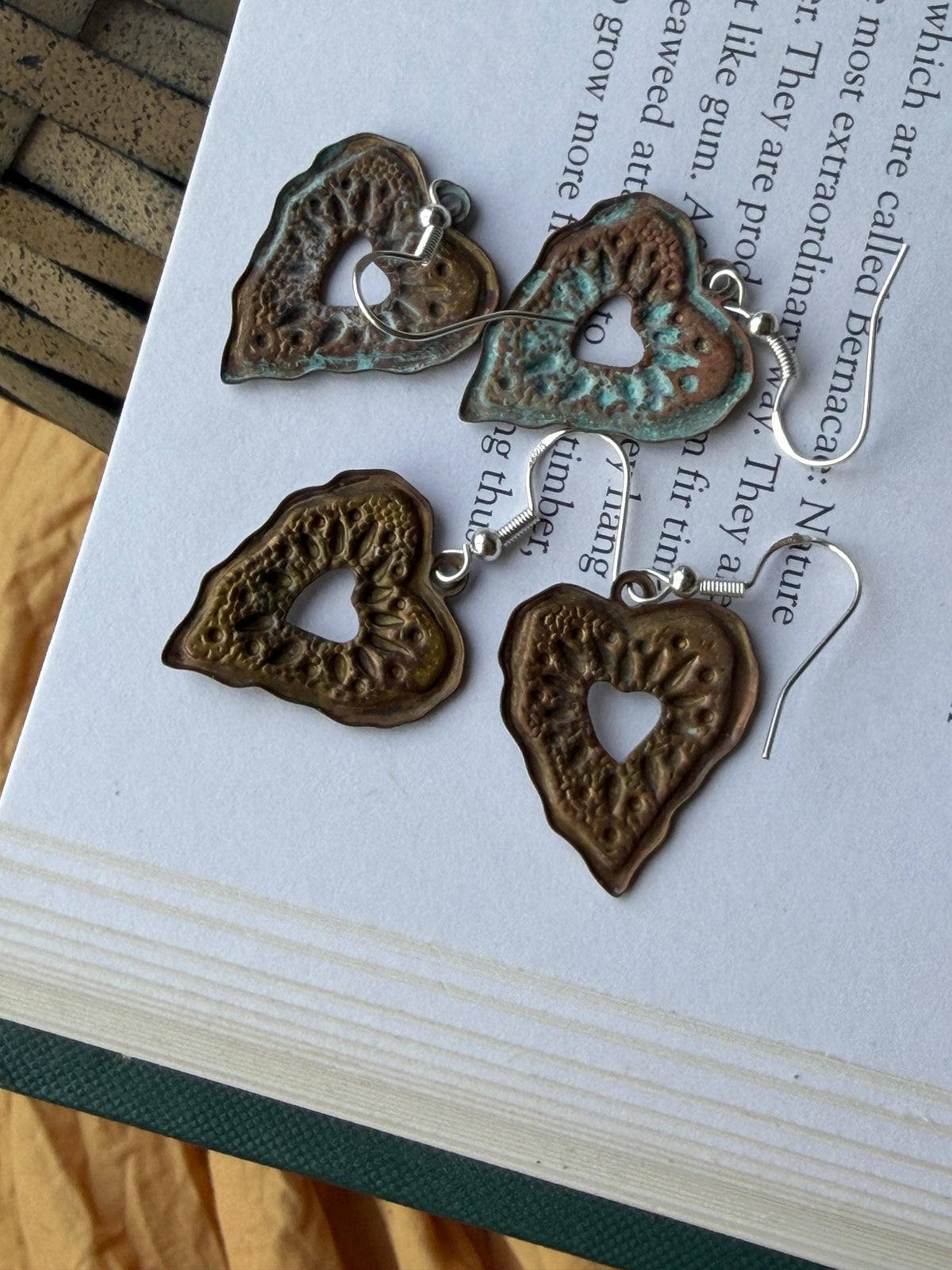 Handmade heart earrings. Rustic earrings, unusual earrings, unusual gift for her, red earrings, boho earrings, heart jewellery, hippy gift