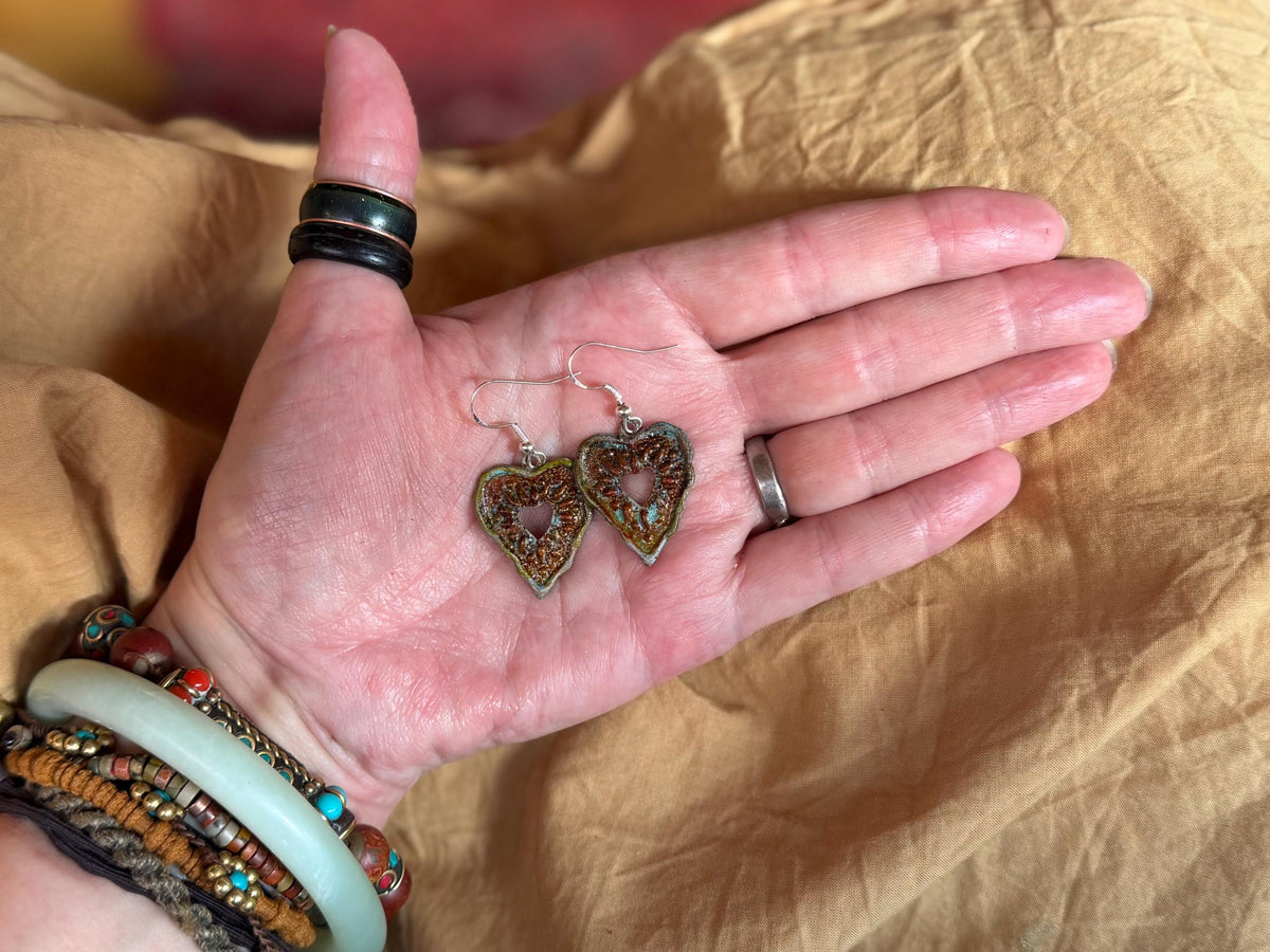 Handmade heart earrings. Rustic earrings, unusual earrings, unusual gift for her, red earrings, boho earrings, heart jewellery, hippy gift
