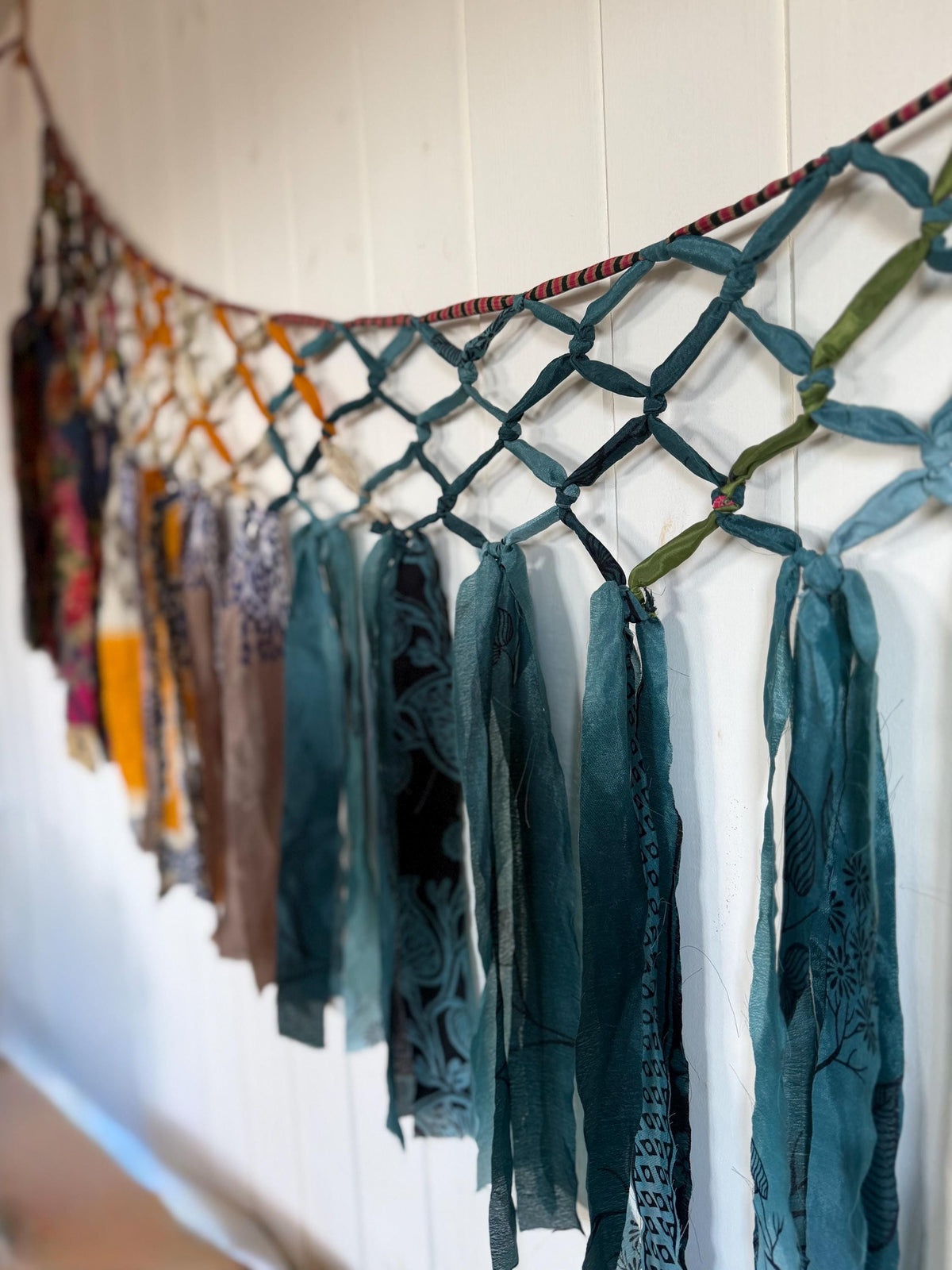 Beautiful recycled room decoration. Eco friendly wall hanging. Yurt decoration. Yoga room. Ethical home decor. Recycled sari wall art.