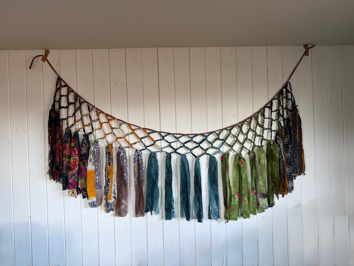Beautiful recycled room decoration. Eco friendly wall hanging. Yurt decoration. Yoga room. Ethical home decor. Recycled sari wall art.