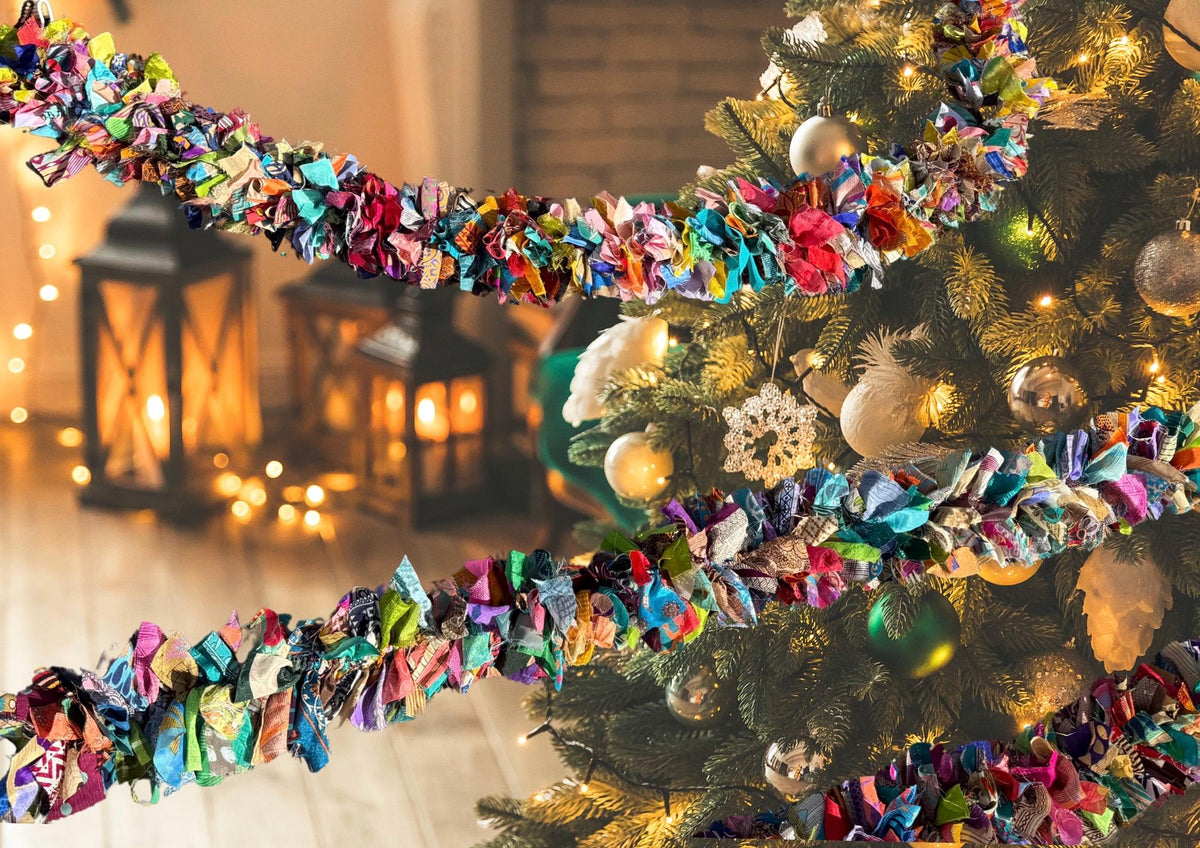 Eco friendly colourful tinsel! Ethical, sustainable and planet friendly. Handmade ethical Christmas decor. Long eco tinsel. Festive garland