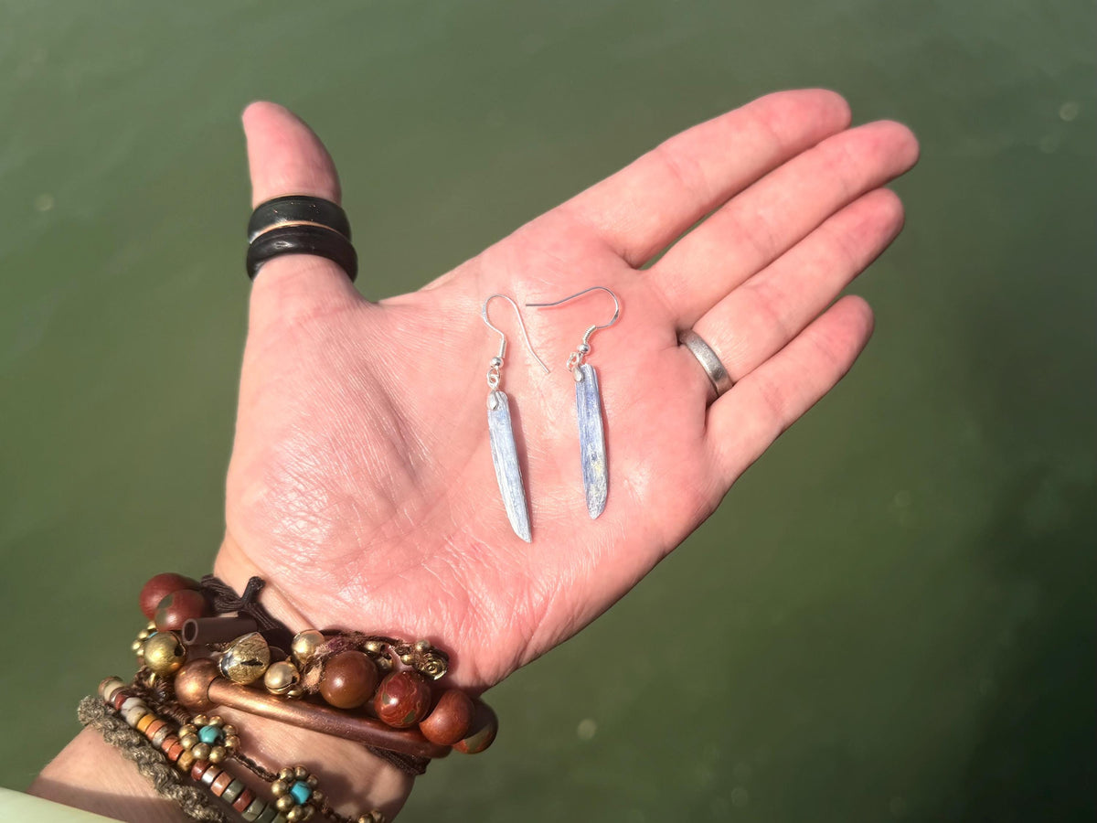 Blue kyanite earrings hung on recycled sterling silver. Angel wing earrings. Unique jewellery. handmade unusual jewellery, ethically made.