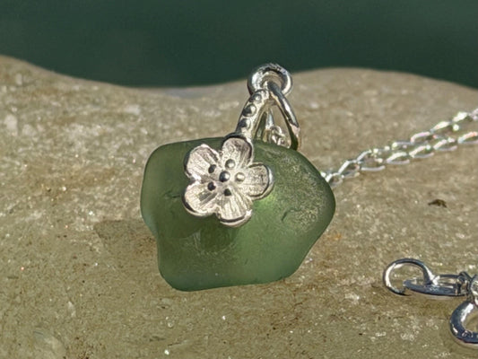 Dainty little sea glass necklace within sterling silver flowers. Recycled necklace. Ethical jewellery. Sea glass pendant. Eco friendly gifts