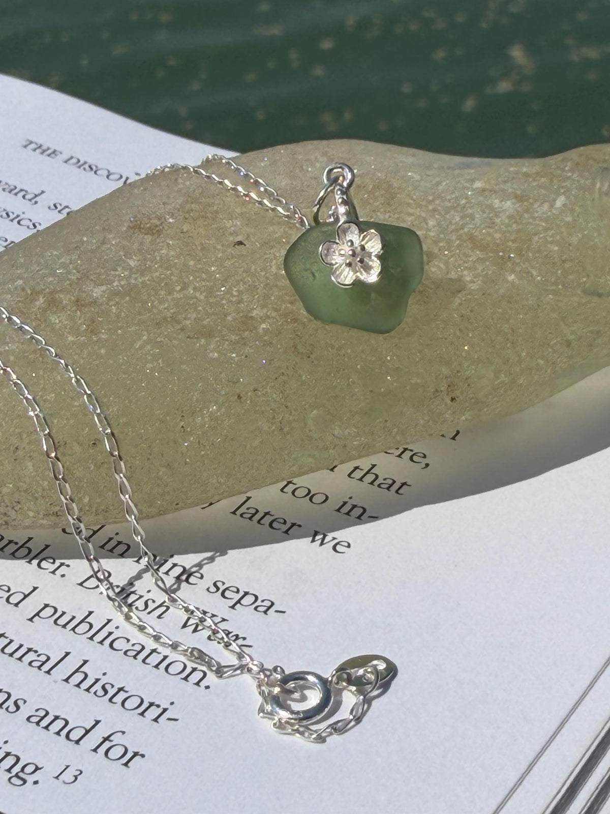 Dainty little sea glass necklace within sterling silver flowers. Recycled necklace. Ethical jewellery. Sea glass pendant. Eco friendly gifts