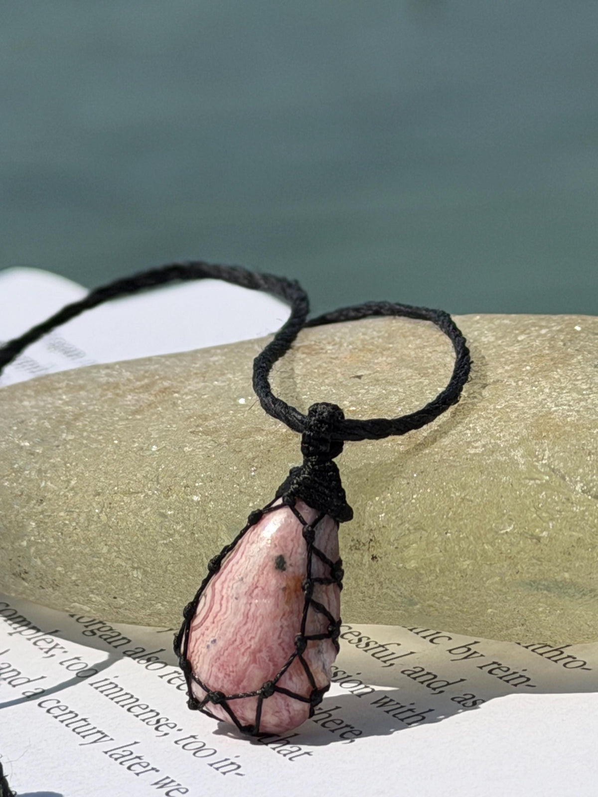 Eco friendly handmade necklace made from Rhodochrosite & sustainable hemp. Ethical jewellery. Unique handmade jewellery. Pink necklaces.