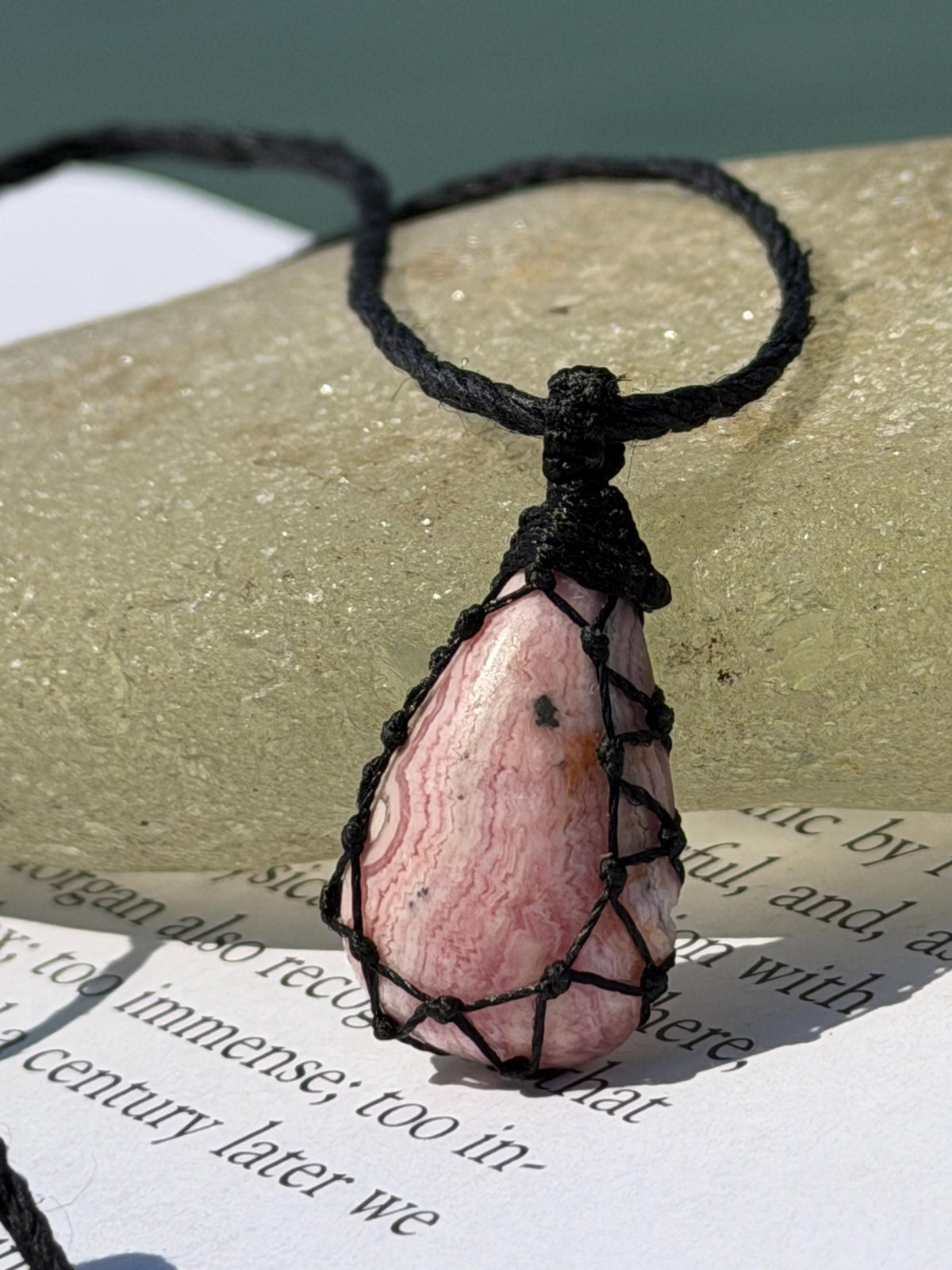 Eco friendly handmade necklace made from Rhodochrosite & sustainable hemp. Ethical jewellery. Unique handmade jewellery. Pink necklaces.