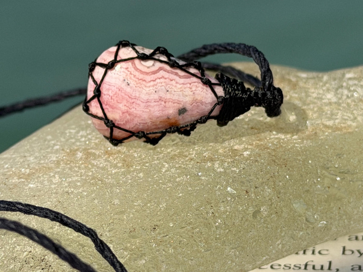 Eco friendly handmade necklace made from Rhodochrosite & sustainable hemp. Ethical jewellery. Unique handmade jewellery. Pink necklaces.