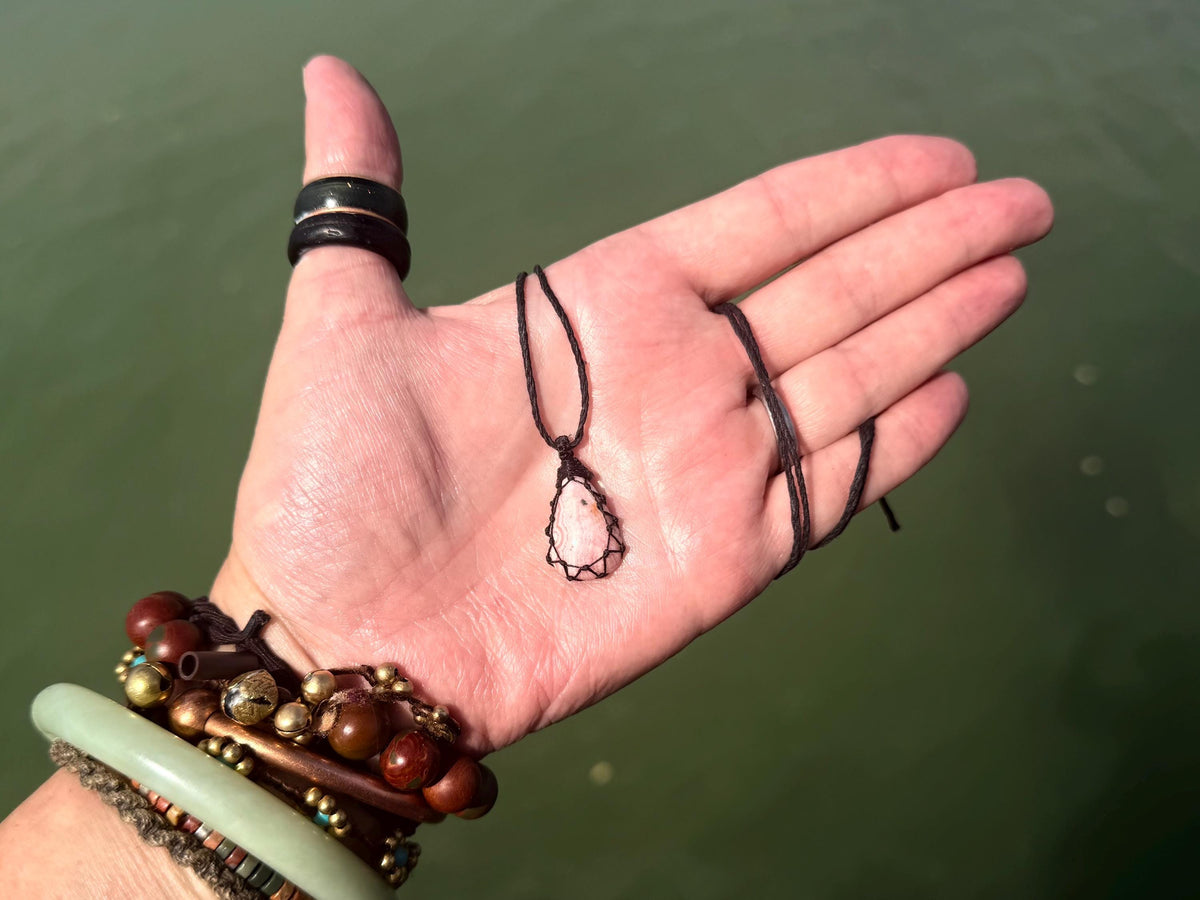 Eco friendly handmade necklace made from Rhodochrosite & sustainable hemp. Ethical jewellery. Unique handmade jewellery. Pink necklaces.