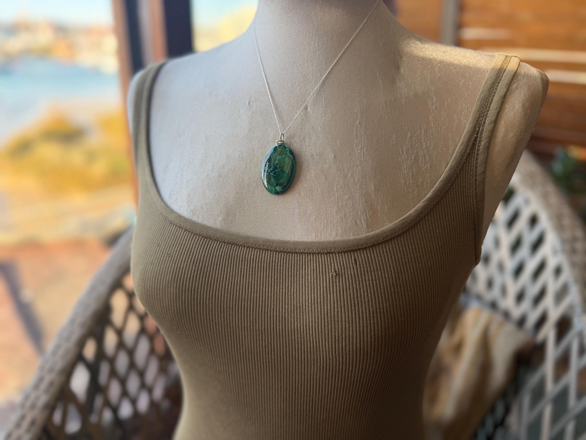 Azurite malachite necklace, malachite pendant, large gemstone necklace, green gemstone, Handmade gemstone necklace, boho gift for her