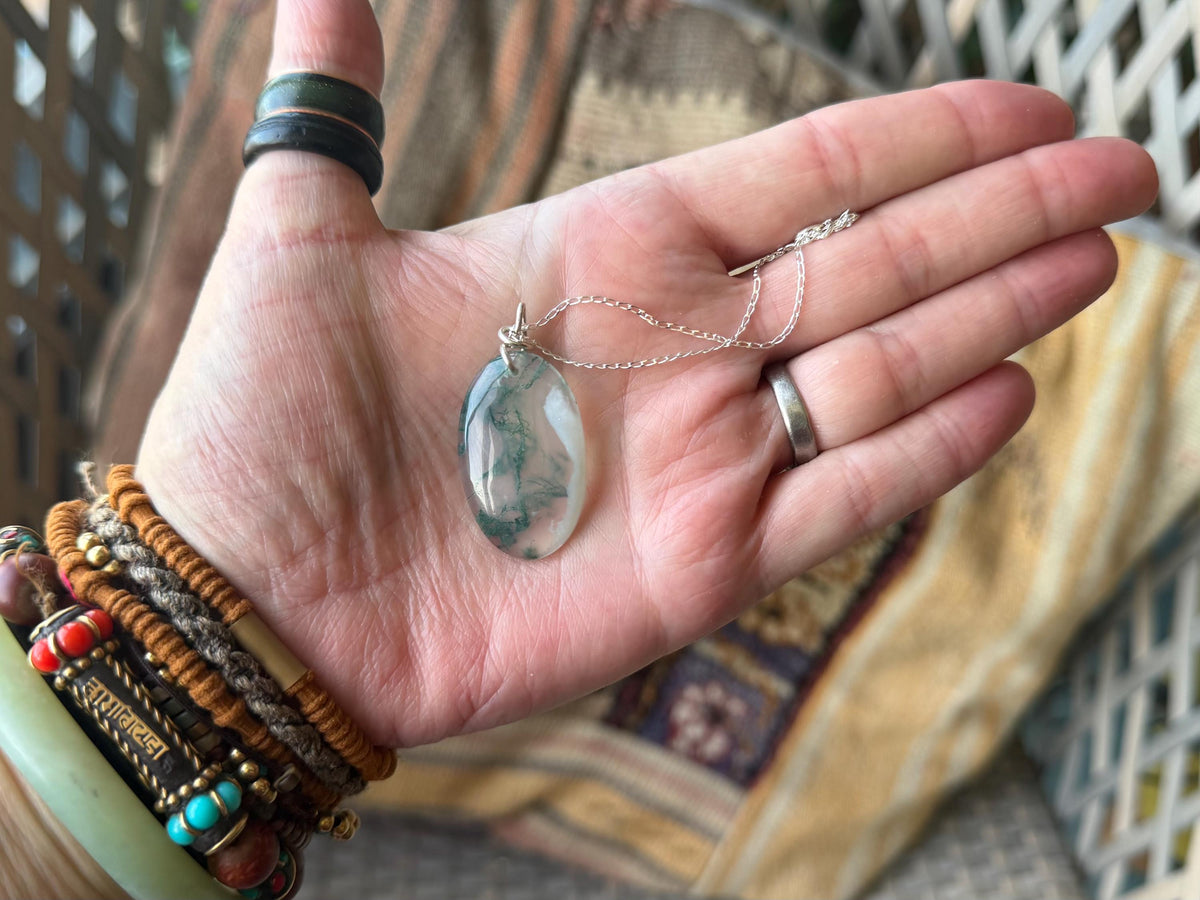Moss agate necklace, moss agate pendant, large gemstone necklace, green gemstone, gift for gardener. Handmade necklace, boho gift for her