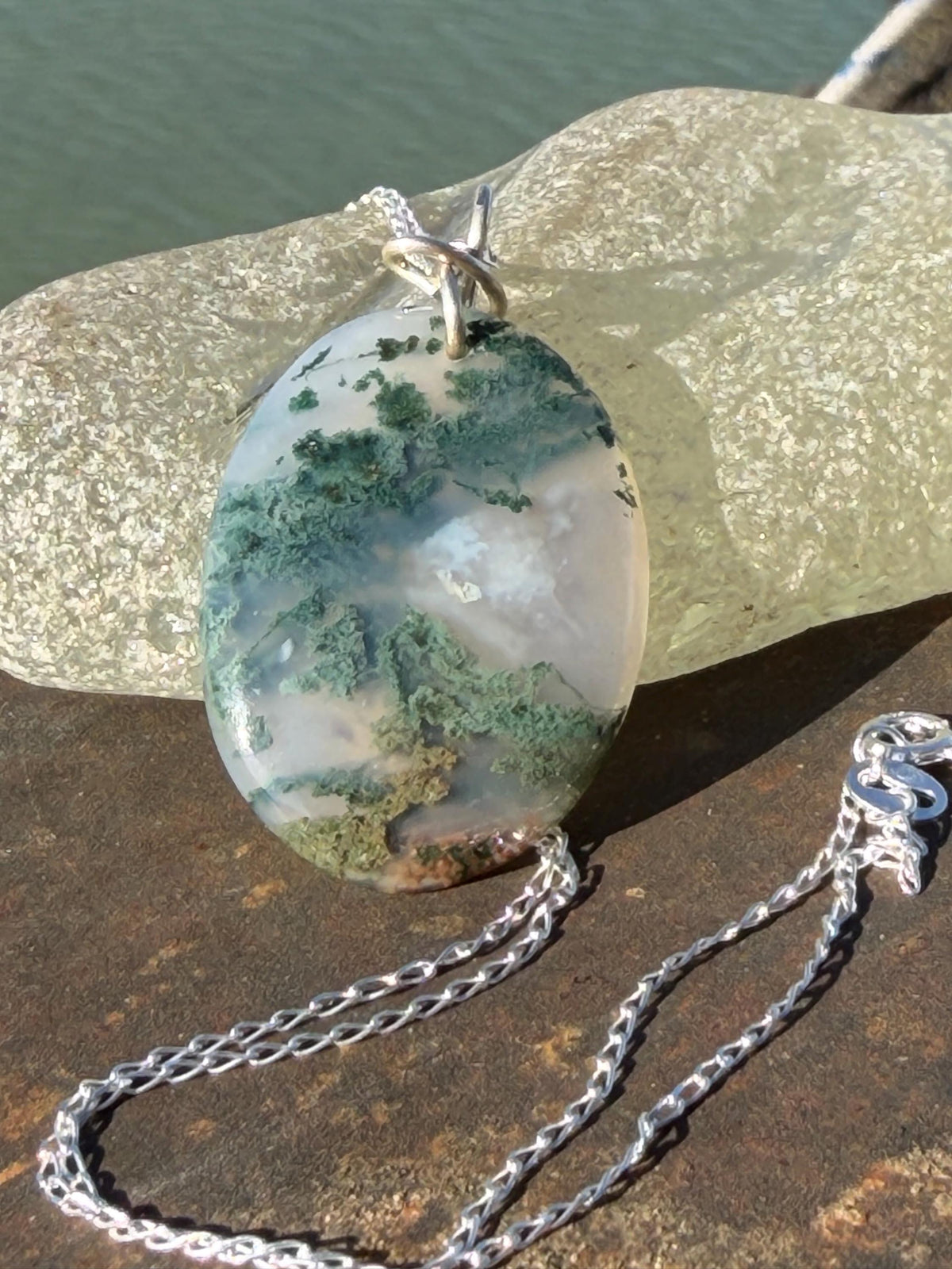 Moss agate necklace, moss agate pendant, large gemstone necklace, green gemstone, gift for gardener. Handmade necklace, boho gift for her