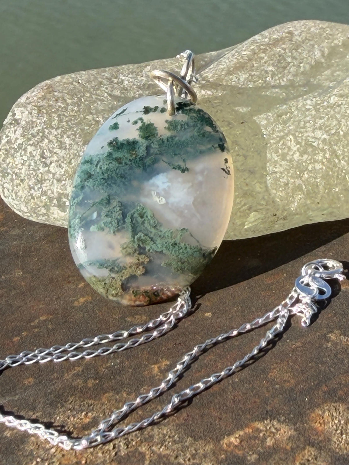 Moss agate necklace, moss agate pendant, large gemstone necklace, green gemstone, gift for gardener. Handmade necklace, boho gift for her