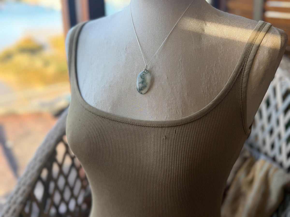 Moss agate necklace, moss agate pendant, large gemstone necklace, green gemstone, gift for gardener. Handmade necklace, boho gift for her