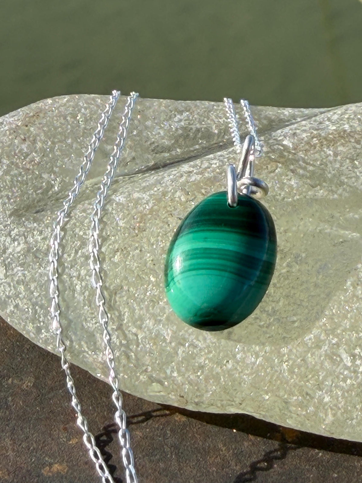 Green malachite gemstone necklace, malachite pendant, small gemstone necklace. Handmade gemstone necklace, boho eco friendly gift for her.