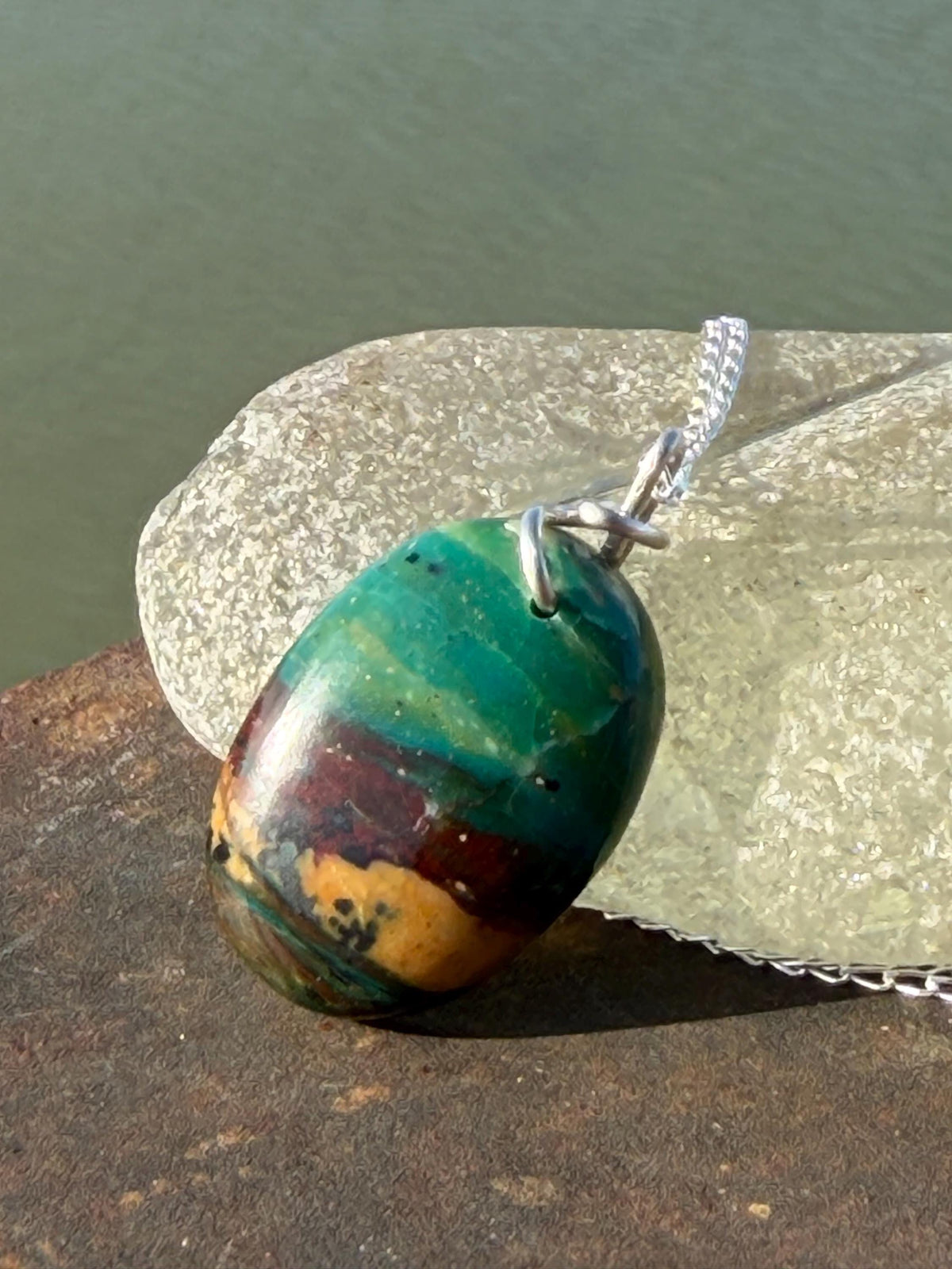 Green opalised wood necklace, ethical jewellery, bohemian necklace, unusual jewellery, unique eco friendly pendant,  red gemstone necklace.