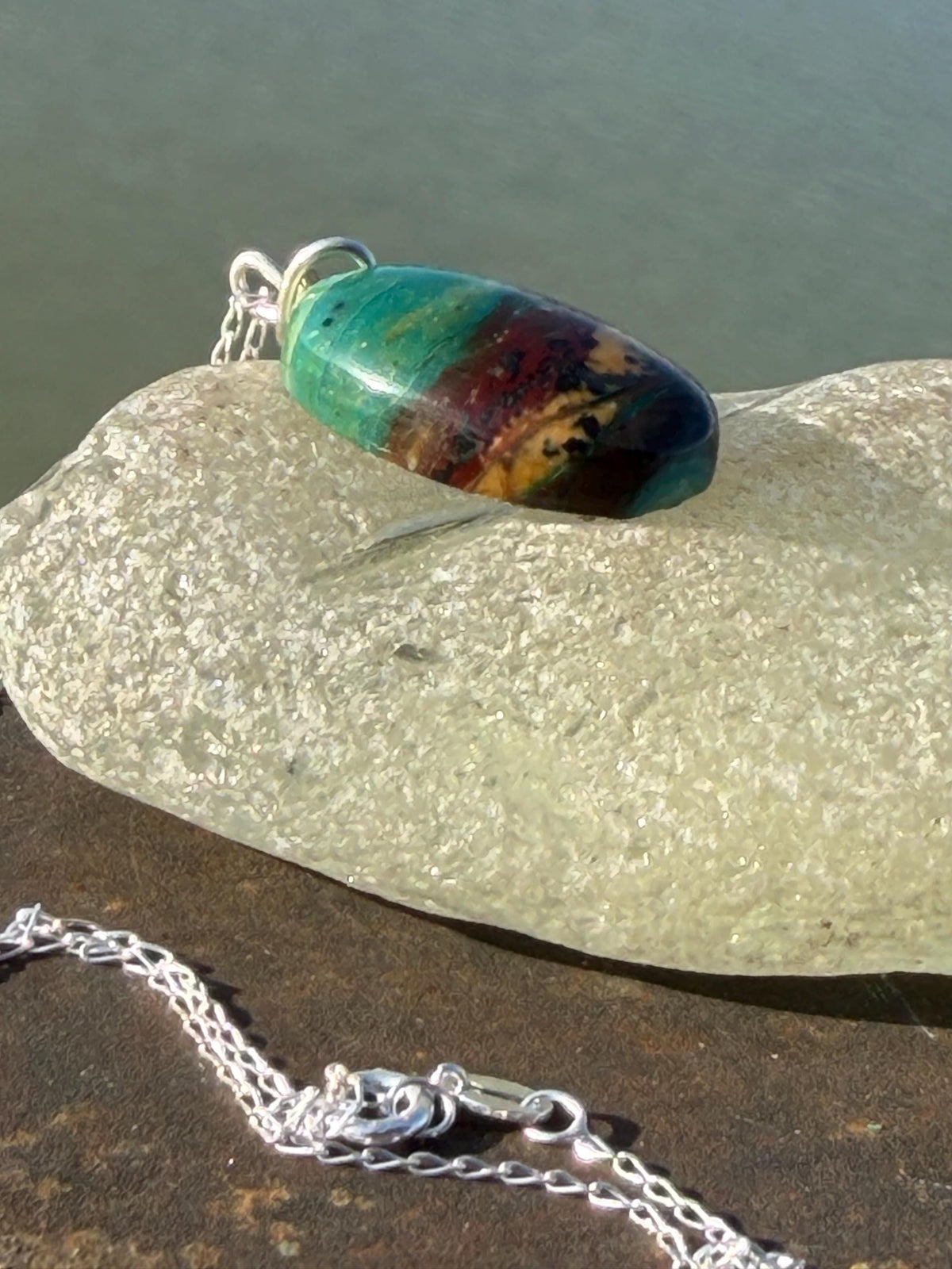 Green opalised wood necklace, ethical jewellery, bohemian necklace, unusual jewellery, unique eco friendly pendant,  red gemstone necklace.